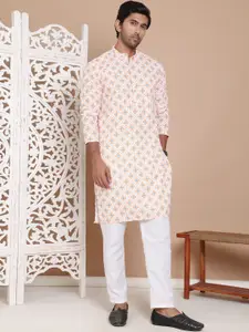 Jompers Men Printed Regular Chikankari Pure Cotton Kurta with Pyjamas