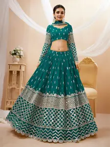 ODETTE Embroidered Mirror Work Semi-Stitched Lehenga & Unstitched Blouse With Dupatta