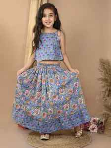 Sangria Girls Katha Printed Cotton Lehenga With Sleeveless Choli