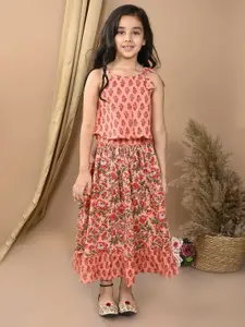 Sangria Red Girls Floral Printed Katha Work Cotton Ready to Wear Lehenga With Blouse