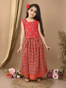 Sangria Girls Katha Floral Printed Cotton Lehenga With Embroidered Choli
