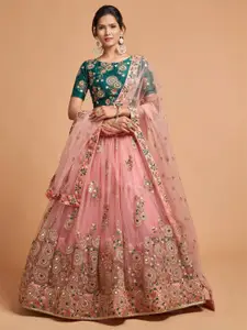 ODETTE Floral Embroidered Thread Work Semi-Stitched Lehenga & Blouse With Dupatta