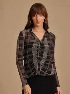 Kazo Women Spread Collar Tartan Checked Relaxed Fit Casual Shirt