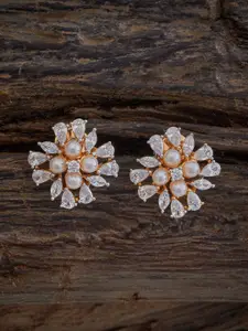 Kushal's Fashion Jewellery Rhodium-Plated Zircon Studded & Beaded Floral Studs
