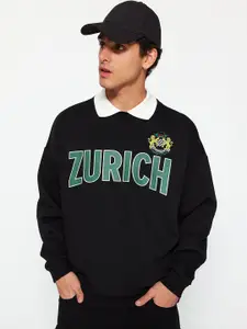 Trendyol Men Typography Printed Shirt Collar Pullover Sweatshirt