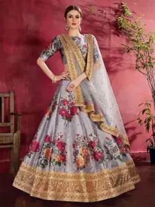ODETTE Floral Printed Sequinned Semi-Stitched Lehenga & Blouse With Dupatta