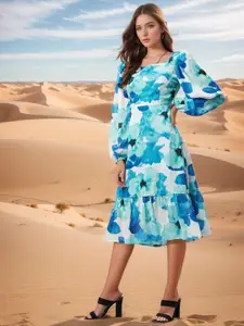 RARE Women Printed Puff Sleeves A-Line Midi Dress