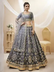 ODETTE Embroidered Mirror Work Semi-Stitched Lehenga & Unstitched Blouse With Dupatta