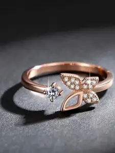 Heer Collection Gold-Plated Wing Butterfly Design Cubic Zirconia Studded Finger Ring