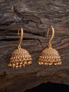 Kushal's Fashion Jewellery Gold-Plated Dome Shaped Stone Studded Antique Jhumkas