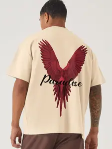 PRONK Men Beige Graphic Printed Oversized T-shirt