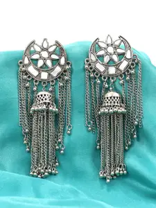 VAGHBHATT Silver-Plated Artificial Stones Studded Classic Oxidised Jhumkas