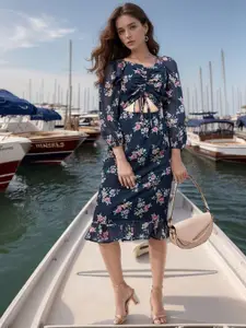 RARE Floral Printed Puff Sleeve Georgette A-Line Midi Dress