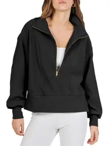 KPOP Women Shirt Collar Long Sleeves Half Zipper Pullover