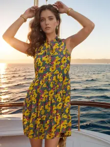 RARE Floral Printed Tie-Up Neck Georgette Fit & Flare Dress