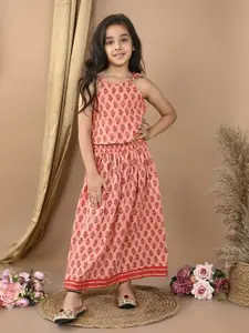 Sangria Red Girls Floral Printed Katha Work Cotton Ready to Wear Lehenga With Blouse