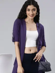 TWIN BIRDS Roll-up Sleeves Pure Cotton Longline High-Low Open Front Shrug