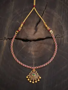 Kushal's Fashion Jewellery 92.5 Pure Silver Gold-Plated Stone Studded Temple Necklace