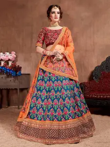 ODETTE Floral Embroidered Thread Work Semi-Stitched Lehenga & Blouse With Dupatta