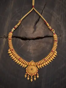 Kushal's Fashion Jewellery 92.5 Pure Silver Gold-Plated Stone Studded Temple Necklace