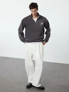 Trendyol Men Solid Mock Collar Cotton Pullover Sweatshirt