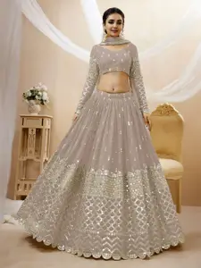 ODETTE Embroidered Mirror Work Semi-Stitched Lehenga & Unstitched Blouse With Dupatta