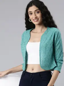 TWIN BIRDS Floral Self Design Three-Quarter Sleeves Pure Cotton Crop Open Front Shrug