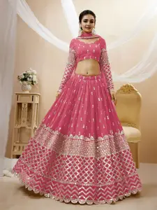 ODETTE Embroidered Mirror Work Semi-Stitched Lehenga & Unstitched Blouse With Dupatta
