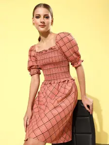RARE Women Checked Puff  Sleeve A-Line Dress