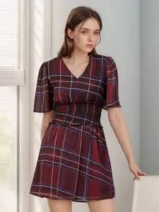 RARE Women Checked V-Neck Fit and Flare Dress