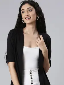 TWIN BIRDS Roll-up Sleeves Pure Cotton Longline High-Low Open Front Shrug