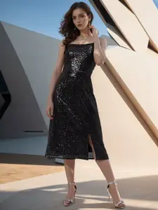 RARE Women Embellished Shoulder Straps A-Line Midi Dress