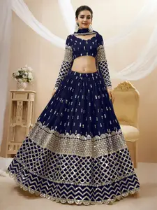 ODETTE Embroidered Mirror Work Semi-Stitched Lehenga & Unstitched Blouse With Dupatta