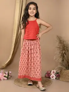 Sangria Girls Katha Floral Printed Cotton Lehenga With Sleeveless Hakoba Choli