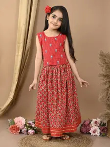 Sangria Girls Katha Floral Printed Cotton Lehenga With Embroidered Choli
