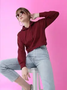 DressBerry Women Solid Round Neck Full Sleeve Hooded Boxy Crop Sweatshirt