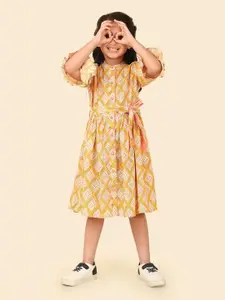 Fabindia Girls Mandarin Collar Ethnic Motifs Printed Gathered or Pleated Fit & Flare Dress