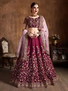 ODETTE Floral Embroidered V-Neck Sequinned Semi-Stitched Lehenga & Blouse With Dupatta