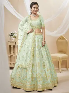 ODETTE Embroidered Mirror Work Semi-Stitched Lehenga & Unstitched Blouse With Dupatta
