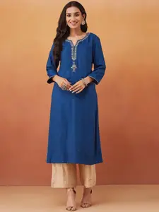 Fabindia Floral Embroidered Notch Neck Straight Kurta