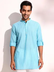 Fabindia Striped Mandarin Collar Roll-Up Sleeves Cotton Short Straight Kurta