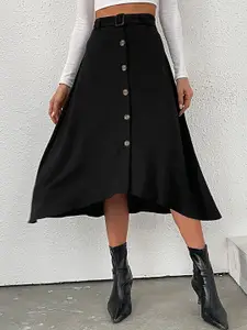 KPOP Women A-Line Solid Midi Skirt