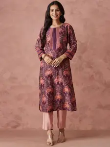 Fabindia Floral Printed Cotton Silk Straight Kurta