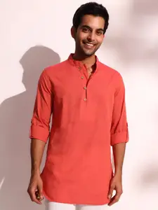 Fabindia Mandarin Collar Orange Cotton Straight Kurta
