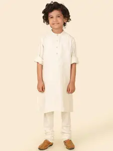 Fabindia Boys Striped Woven Design Mandarin Collar Thread Work Straight Kurta