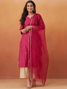 Fabindia Floral Embroidered V-Neck Cotton Silk Straight Kurta with Dupatta