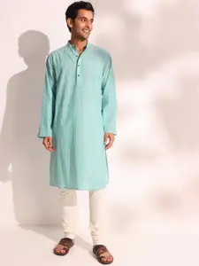 Fabindia Striped Band Collar Cotton Straight Kurta