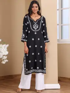 Chowkhat Floral Embroidered Chikankari Notch Neck Modal Straight Kurta
