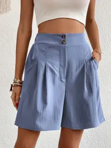 KPOP Women Relaxed Fit Pleated High-Rise Shorts