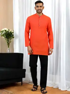 TATTVA Geometric Woven Design Mandarin Collar Pure Cotton Short Kurta